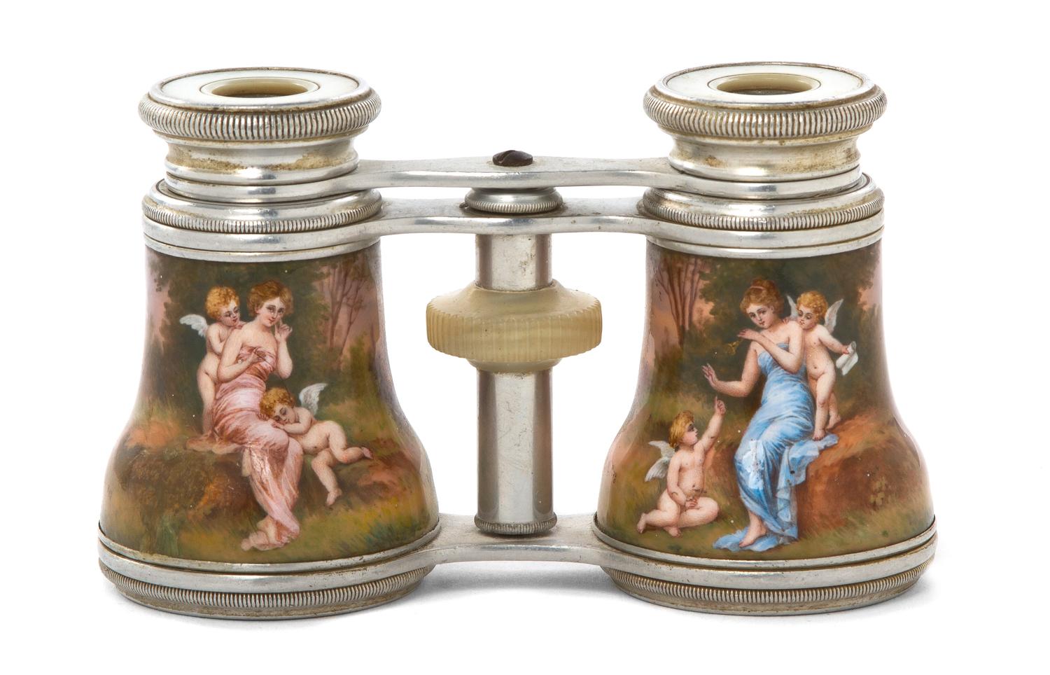 A Pair of French Enameled Opera Glasses, Width 4 1/8 inches.