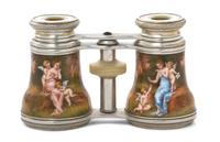 A Pair of French Enameled Opera Glasses, Width 4 1/8 inches.