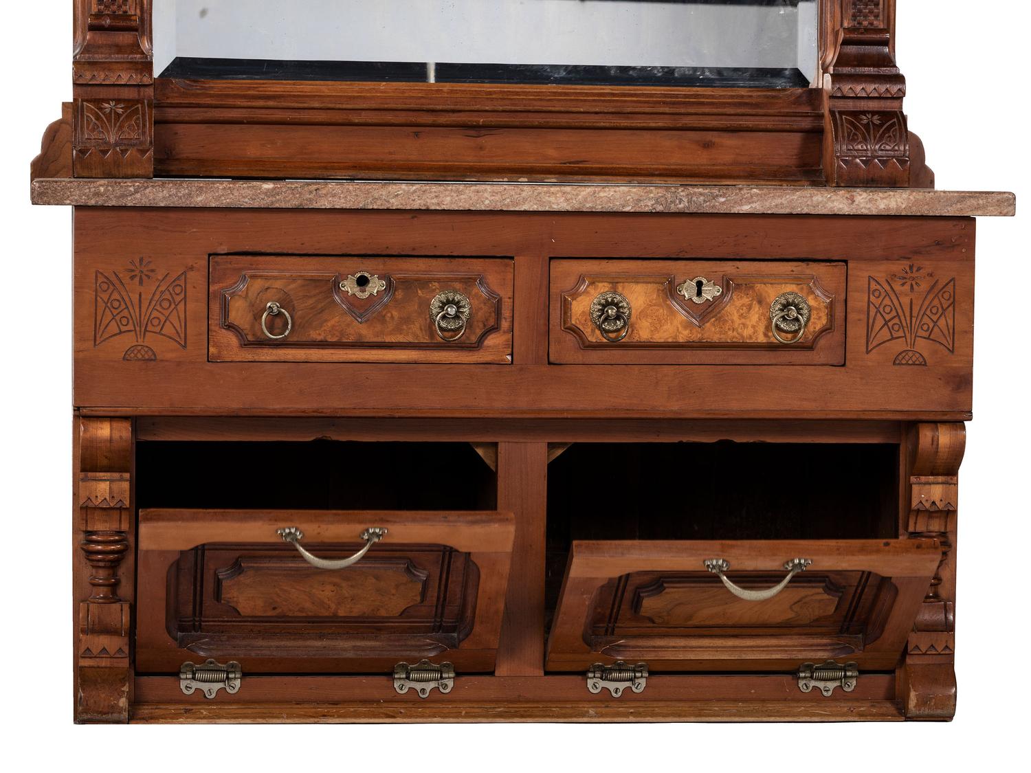 An Eastlake Style Hall Mirror with Marble Top Cabinet Base