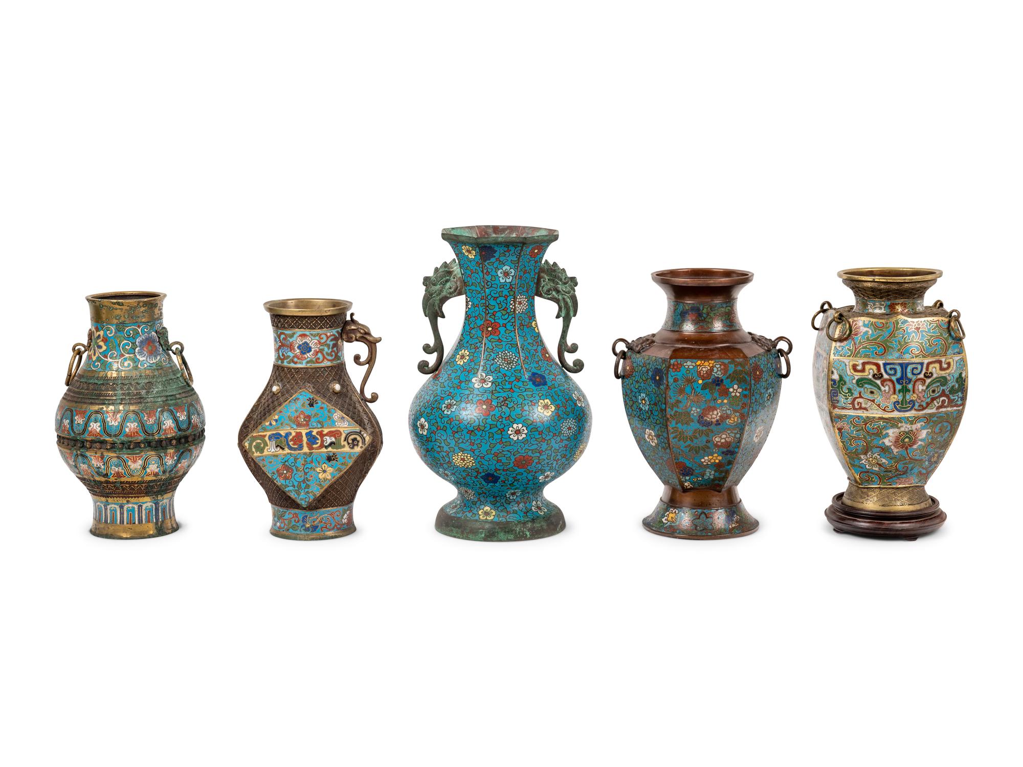 Five Japanese Archaistic Blue Ground Cloisonné Enameled Vases