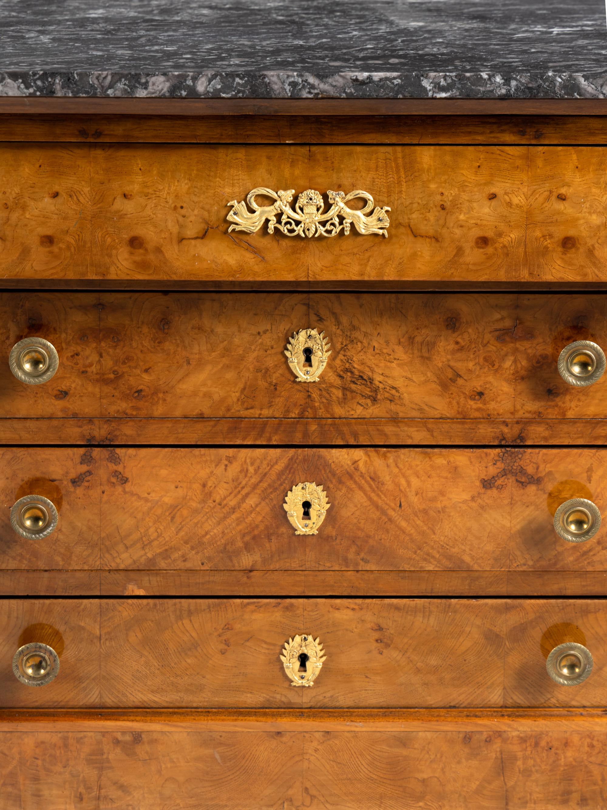 An Empire Revival Gilt Bronze Mounted Burl Walnut Marble-Top Commode