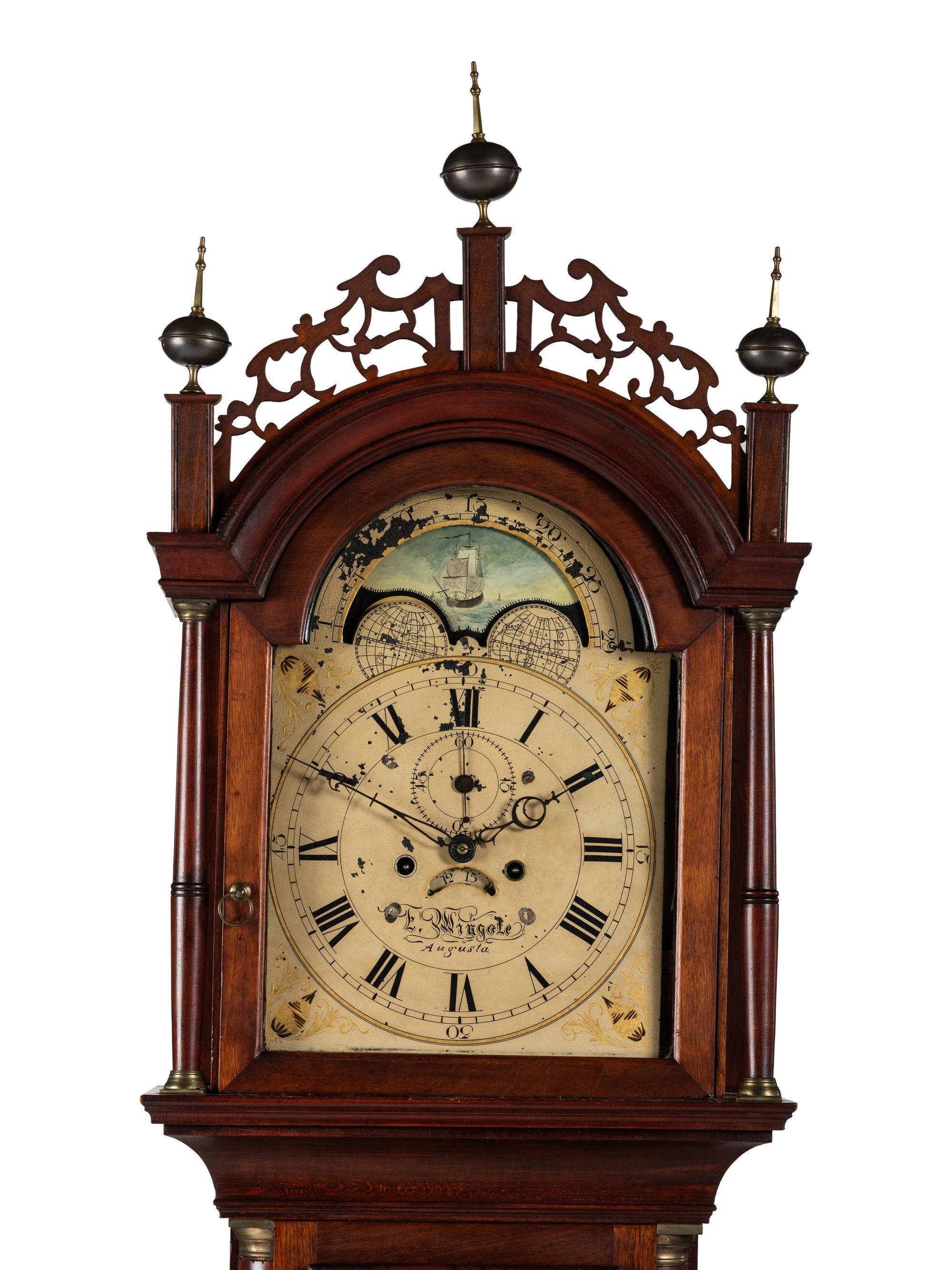 A Federal Inlaid Mahogany Tall Case Clock With Works by Frederick Wingate, Augusta, Maine