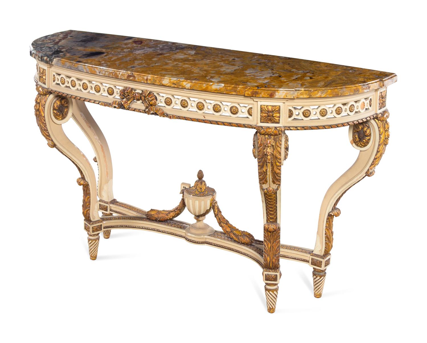 A Louis XVI Style Painted and Parcel Gilt Marble-Top Console Table
