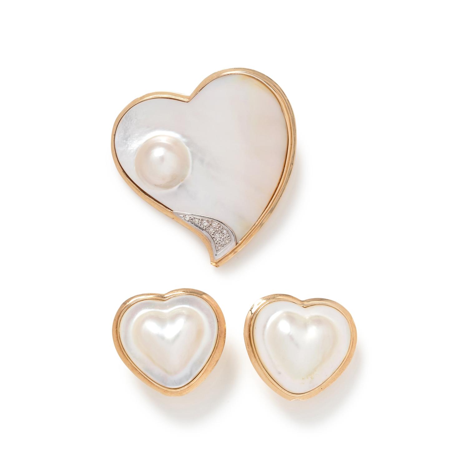 CULTURED MABE PEARL AND DIAMOND HEART SET