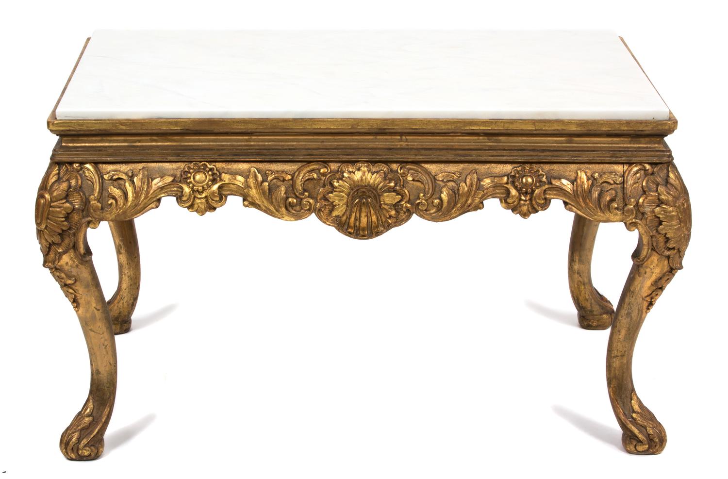 An Italian Louis XV Style Giltwood Carved Low Table Height 18 x width 31 1/2 x depth 31 1/2 inches. — 19TH CENTURY