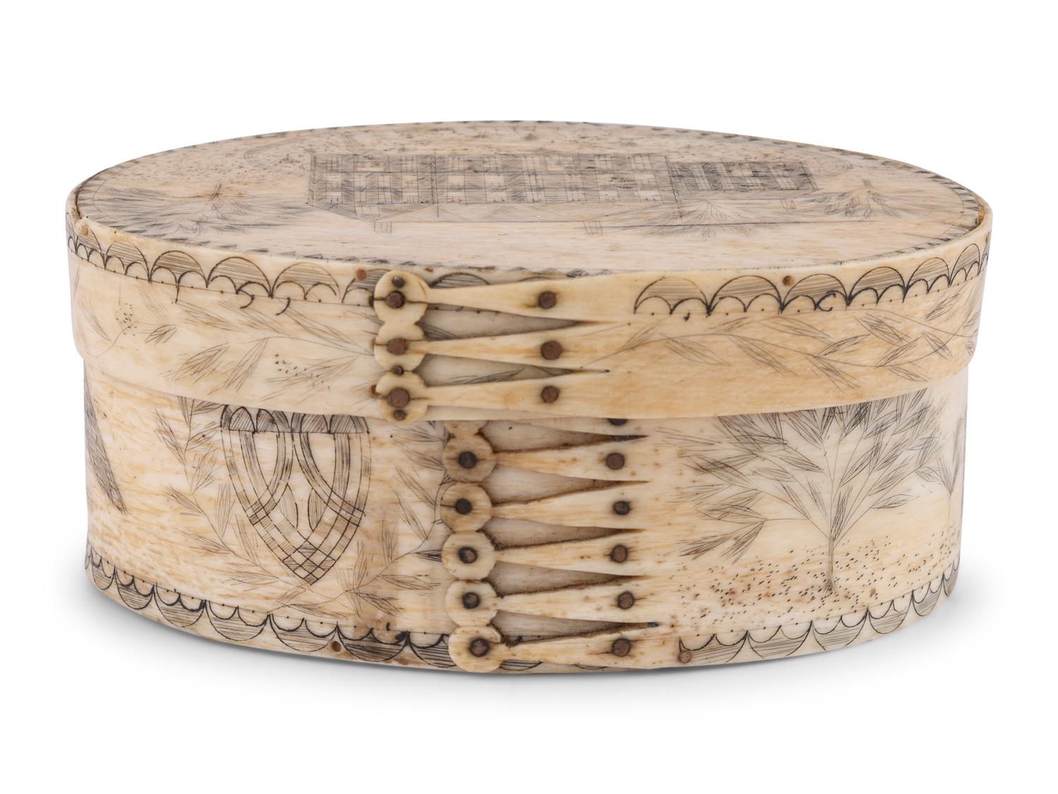 An Unusual Scrimshaw Panbone Oval Ditty Box With Engraved Surfaces and Panbone Bottom