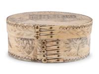 An Unusual Scrimshaw Panbone Oval Ditty Box With Engraved Surfaces and Panbone Bottom