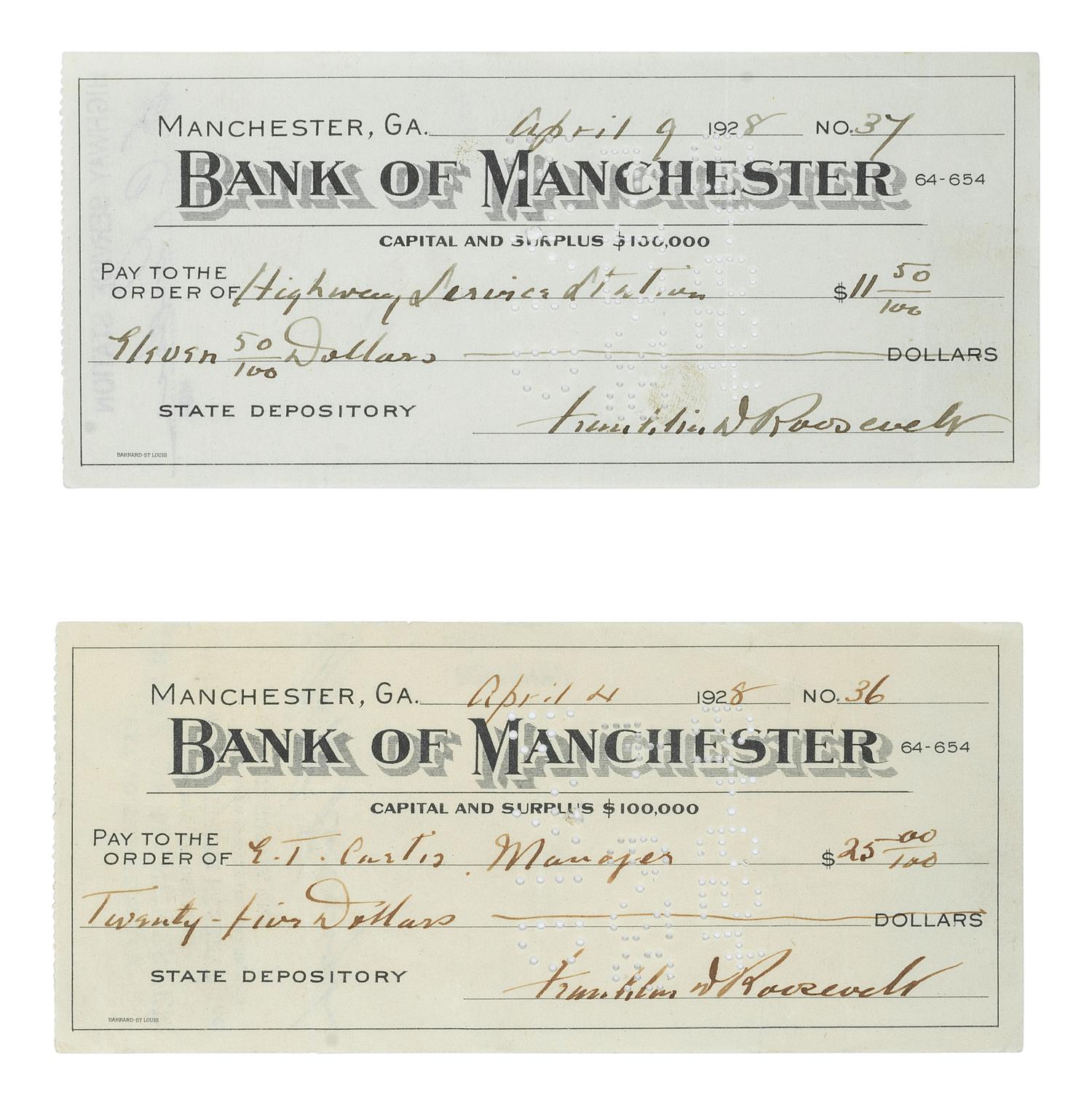 ROOSEVELT, Franklin D. (1882-1945). A group of 8 items, highlighted by 2 signed checks.