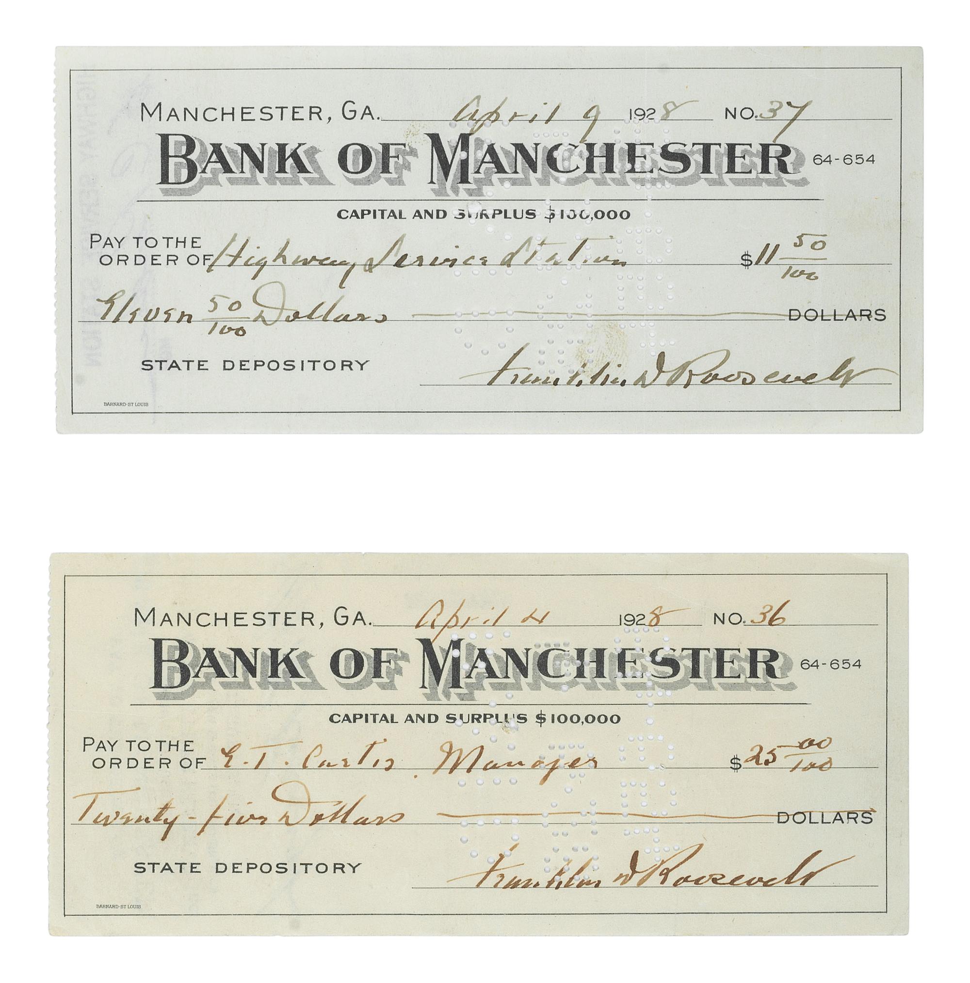ROOSEVELT, Franklin D. (1882-1945). A group of 8 items, highlighted by 2 signed checks.