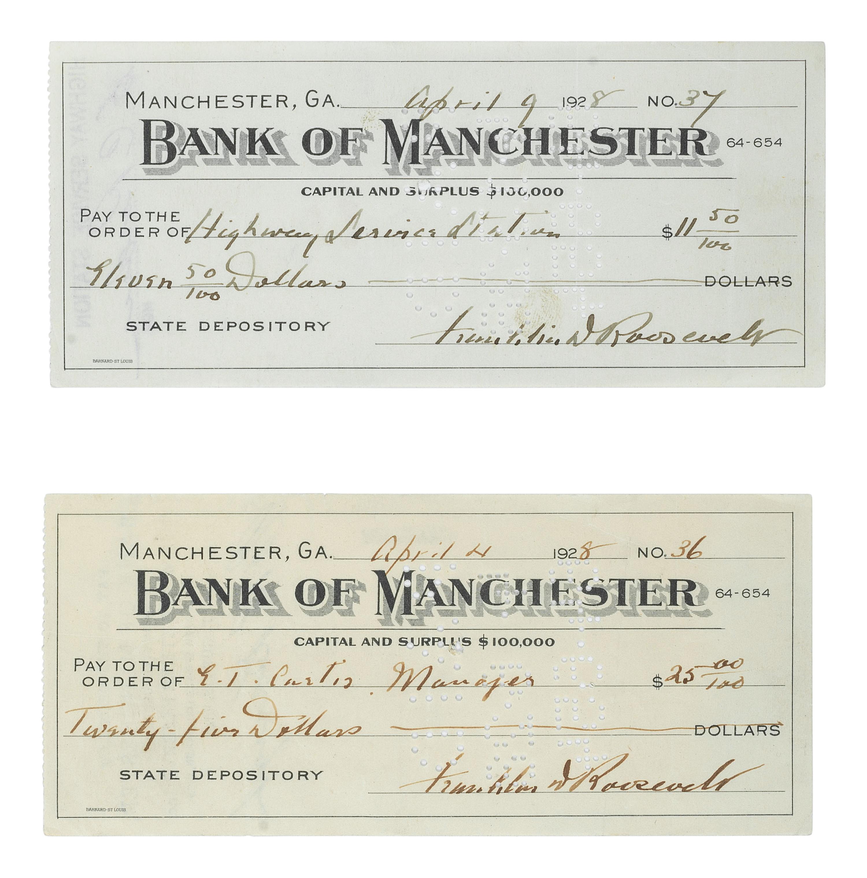 ROOSEVELT, Franklin D. (1882-1945). A group of 8 items, highlighted by 2 signed checks.