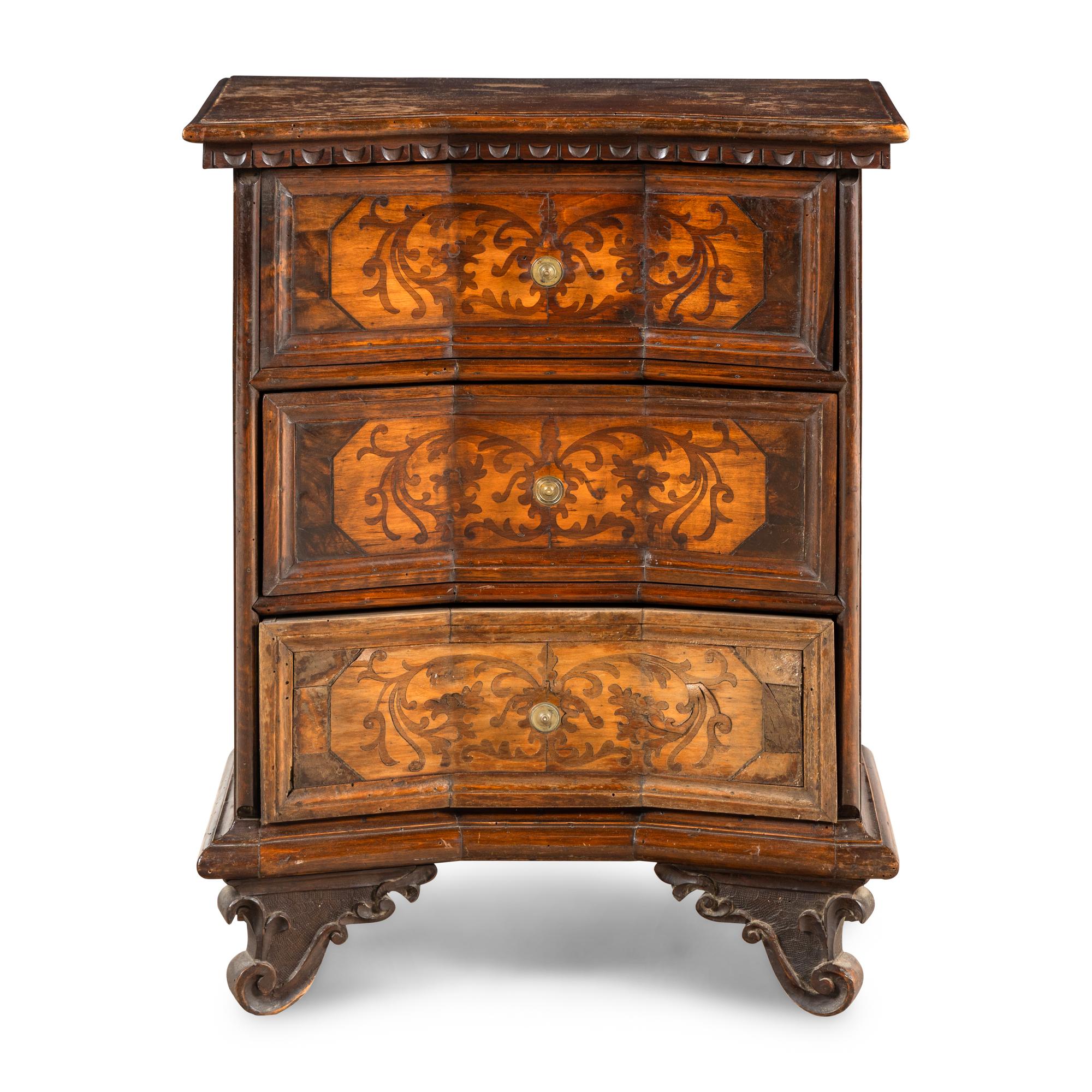 An Italian Baroque Style Inlaid Walnut Commodino