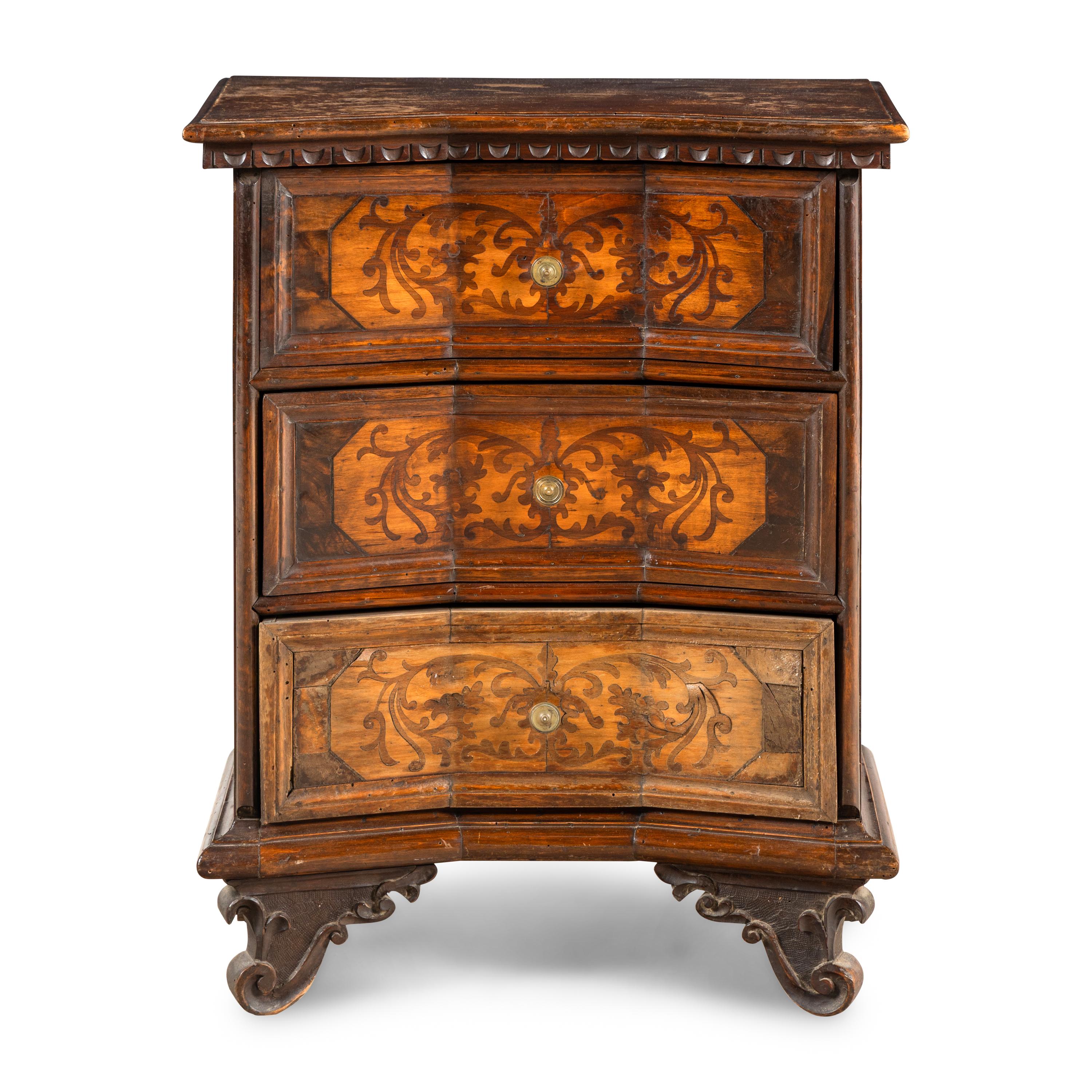 An Italian Baroque Style Inlaid Walnut Commodino
