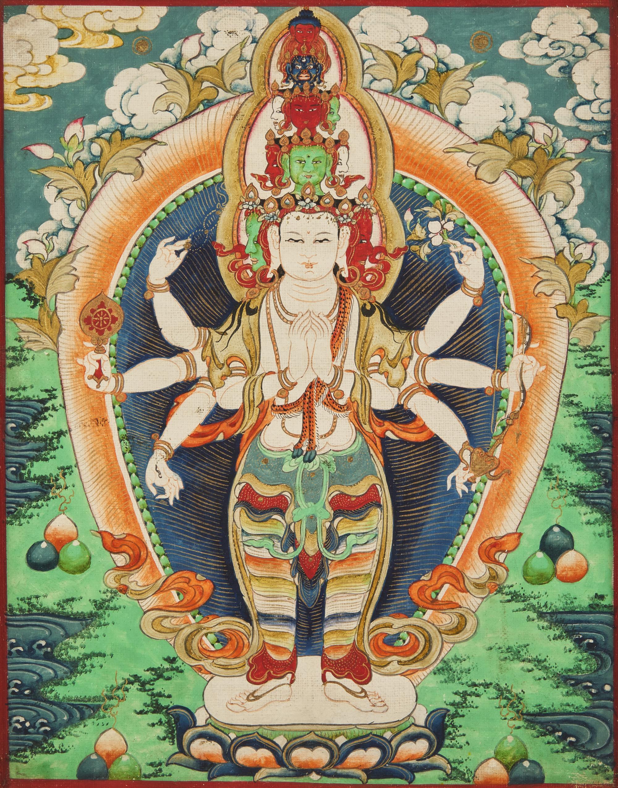A Small Mongolian Thangka, Burhany Zurag , depicting Ekadasamuka Avalokitesvara