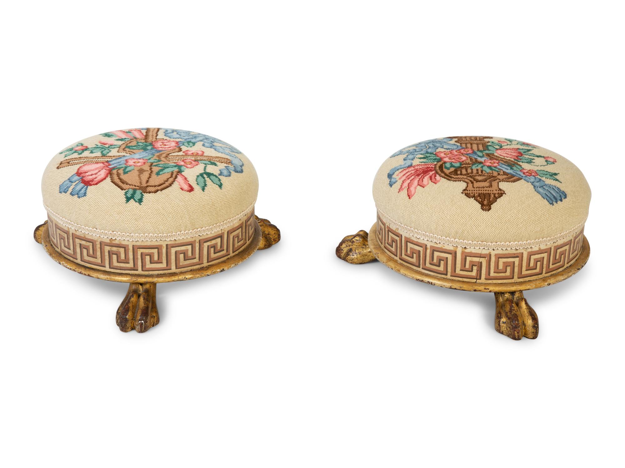A Pair of Neoclassical Style Painted and Parcel Gilt Foot Stools — 19TH CENTURY