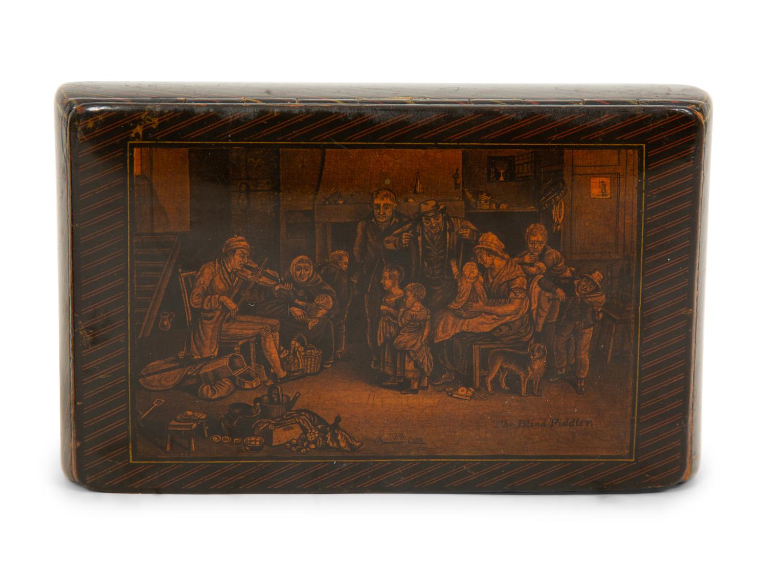 A Scottish Mauchline Ware Table Snuff Box, a French Pressed Wood Box and a Carved Dutch Girl Figural Snuff Box