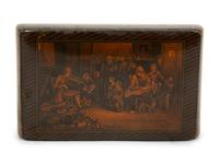 A Scottish Mauchline Ware Table Snuff Box, a French Pressed Wood Box and a Carved Dutch Girl Figural Snuff Box