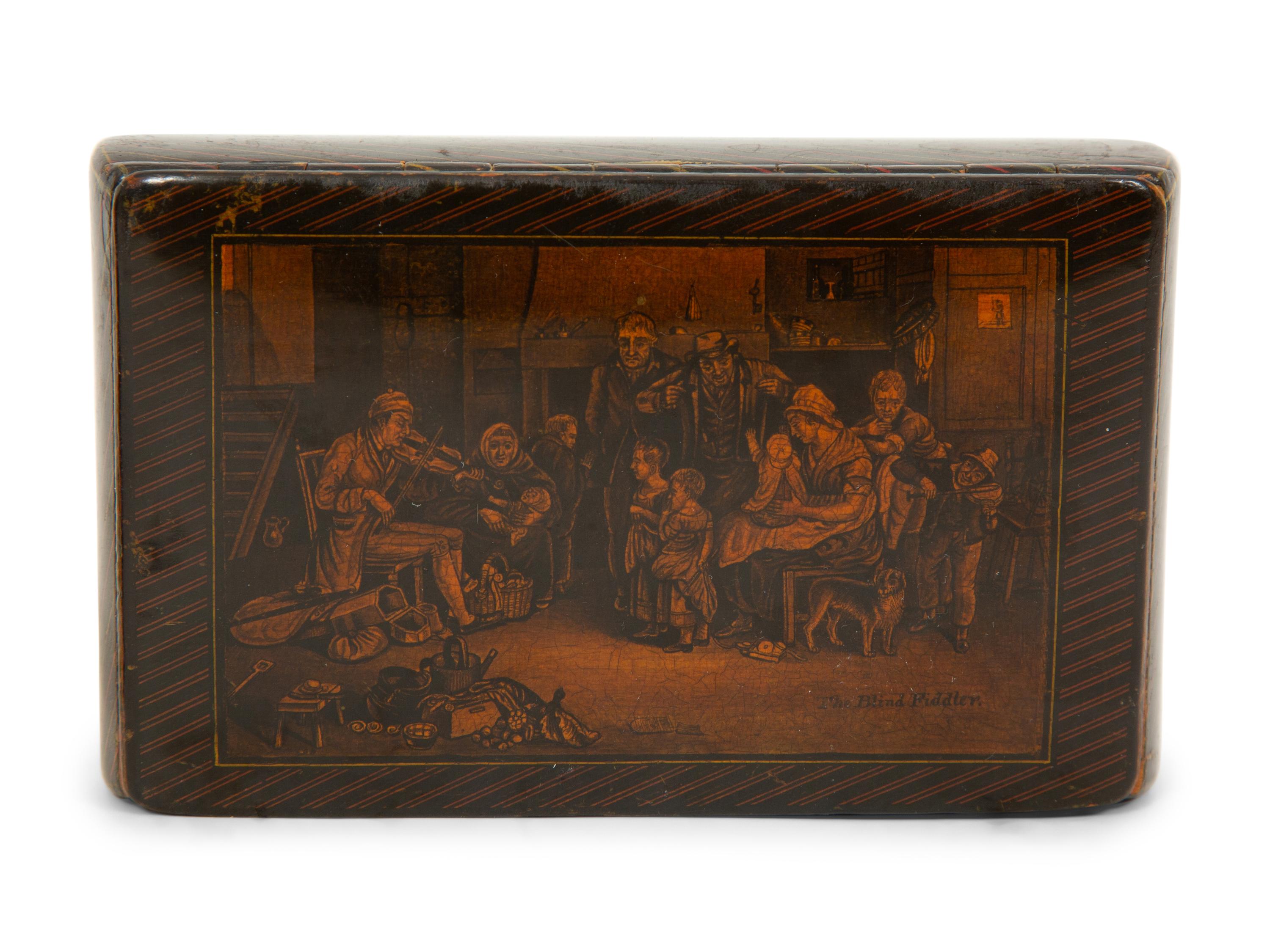 A Scottish Mauchline Ware Table Snuff Box, a French Pressed Wood Box and a Carved Dutch Girl Figural Snuff Box
