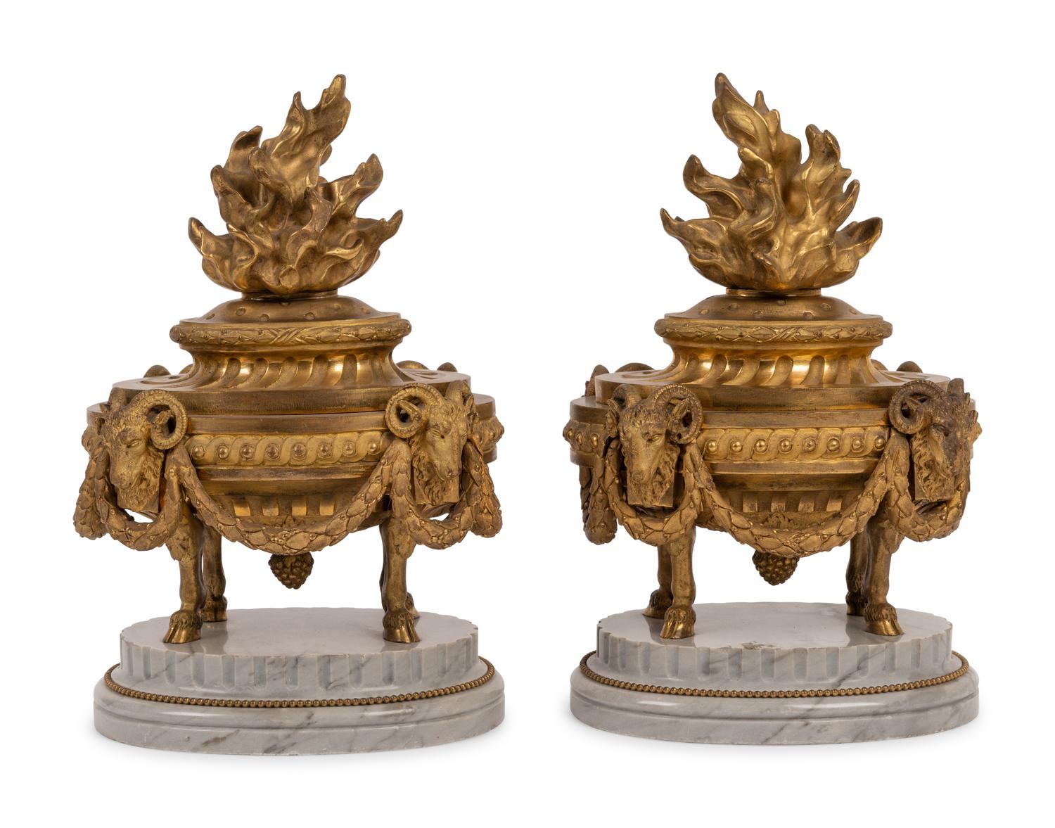 A Pair of French Neoclassical Gilt Bronze and Marble 'Flaming Urn' Ornaments