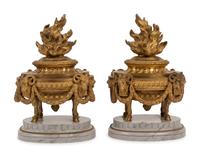 A Pair of French Neoclassical Gilt Bronze and Marble 'Flaming Urn' Ornaments
