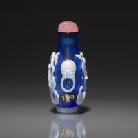 A Chinese White Overlay Blue Glass Snuff Bottle, Qing Dynasty, Possibly 18th-Early 19th Century 清中期 寶石藍地套涅白料垂釣圖鼻烟壺