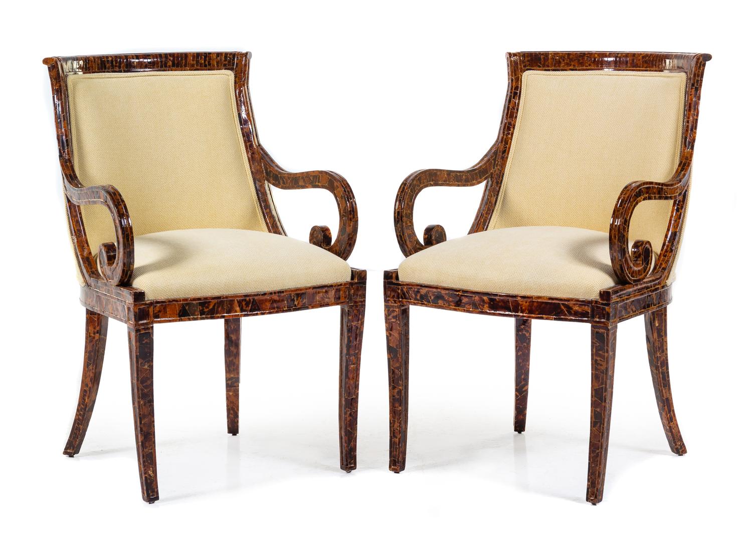 A Pair of Regency Style Tortoise Shell Veneered Armchairs Height 36 inches. — PROBABLY MID-20TH CENTURY