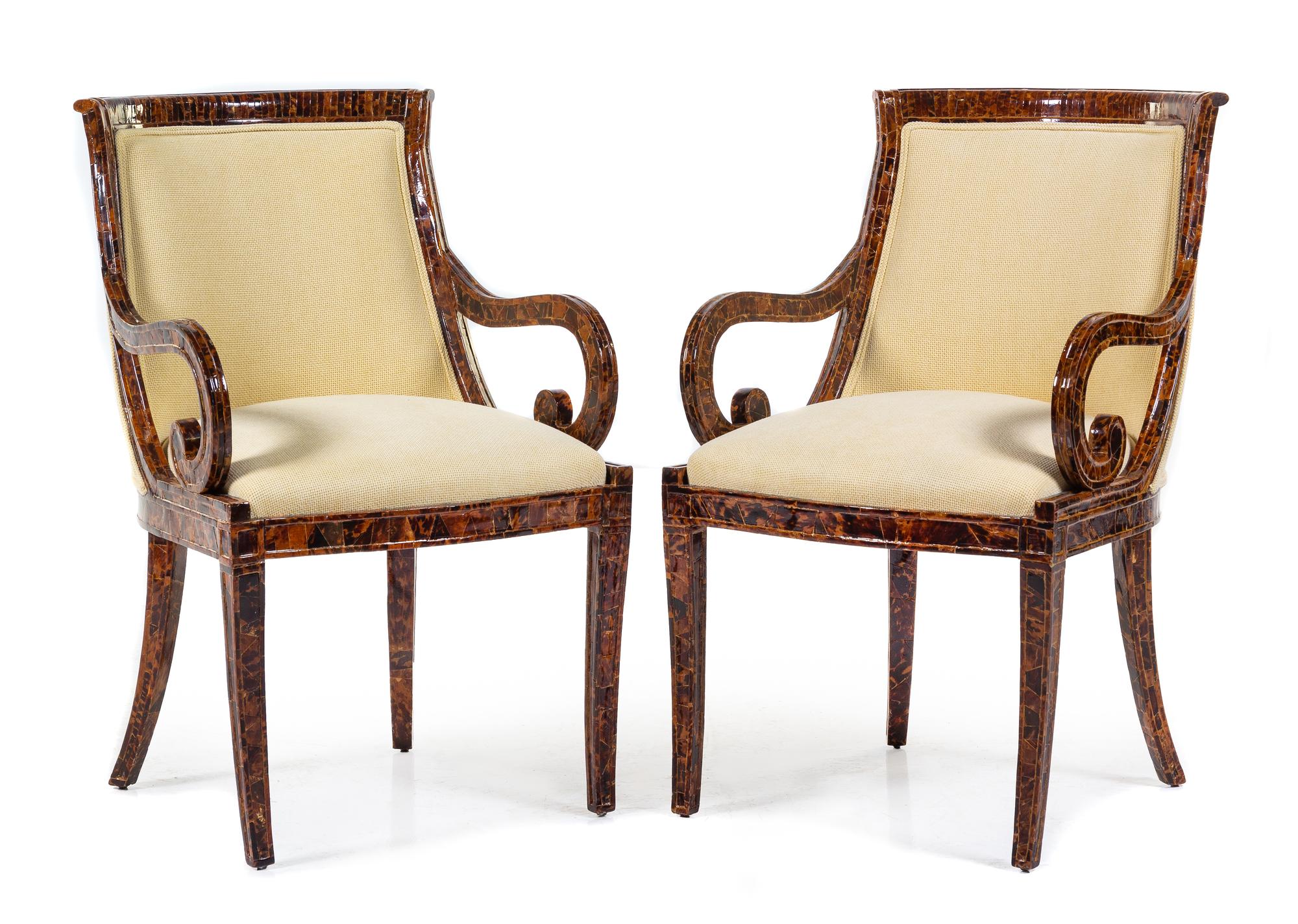A Pair of Regency Style Tortoise Shell Veneered Armchairs Height 36 inches. — PROBABLY MID-20TH CENTURY