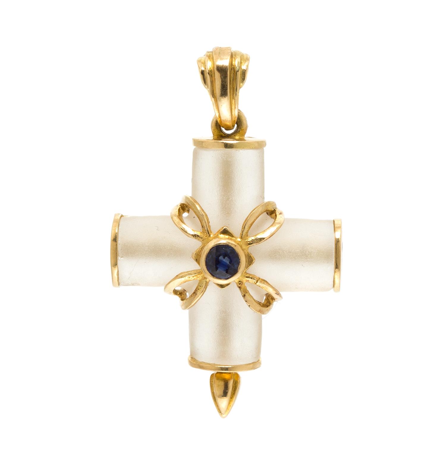 An 18 Karat Yellow Gold, Rock Crystal and Sapphire Cross Pendant, Lalaounis, 6.00 dwts.