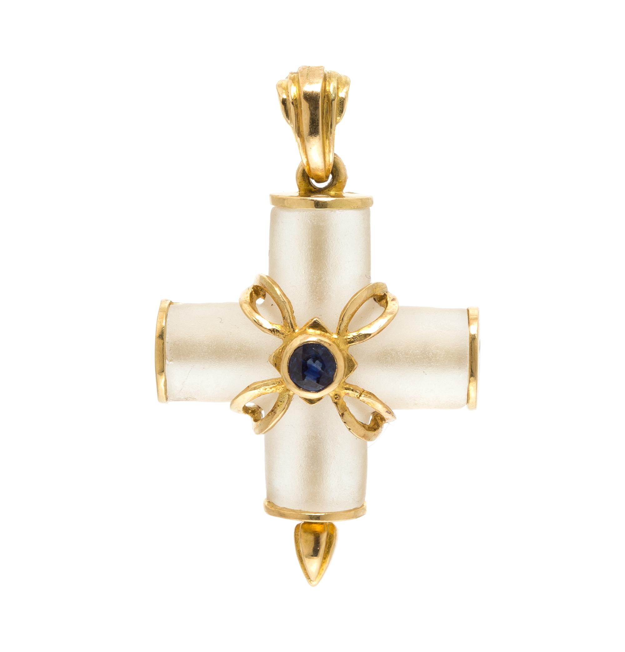 An 18 Karat Yellow Gold, Rock Crystal and Sapphire Cross Pendant, Lalaounis, 6.00 dwts.
