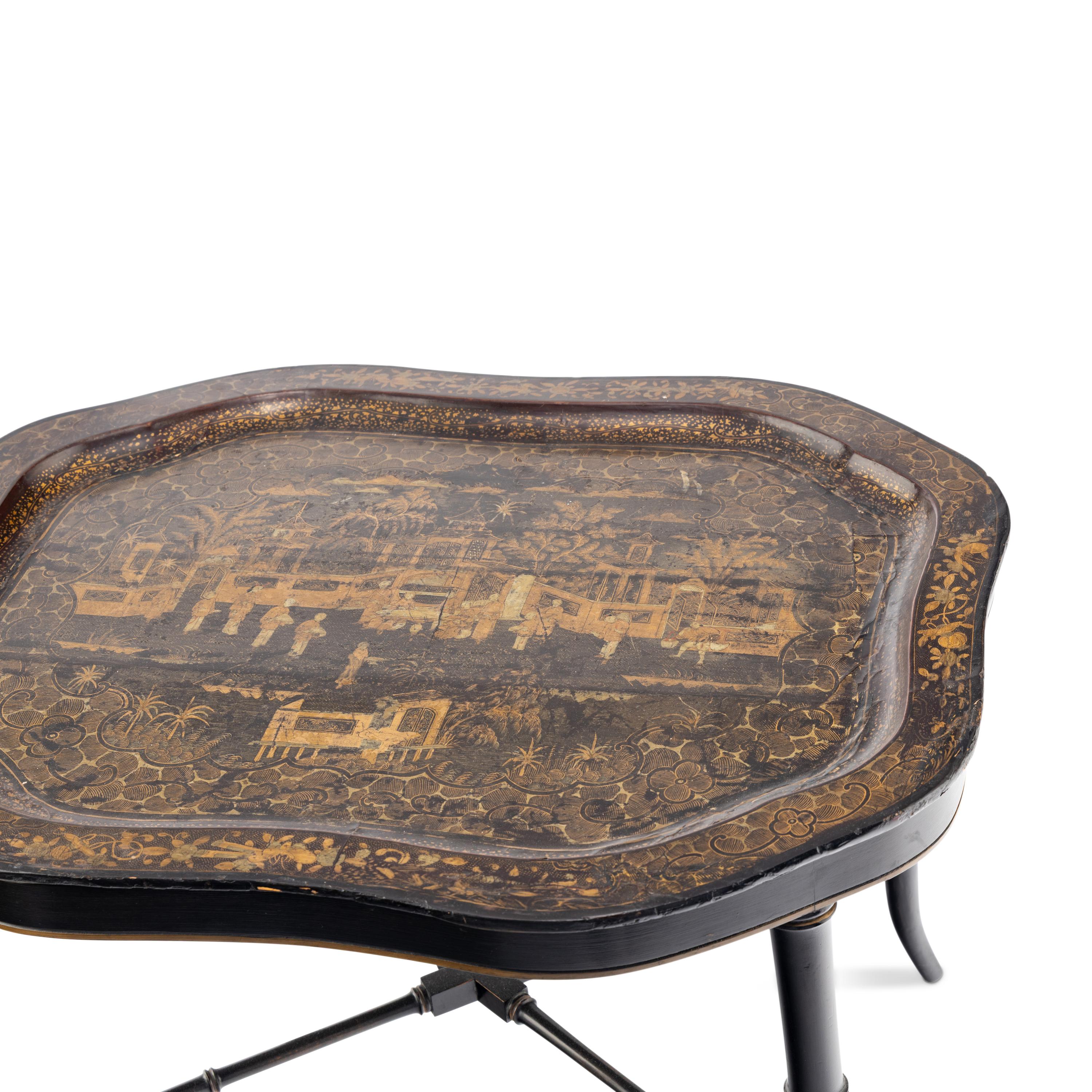 A Chinese Export Papier Mache Tray on Stand