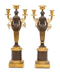 A Pair of Restauration Ormolu and Patinated Bronze Figural Three-Light Candelabra