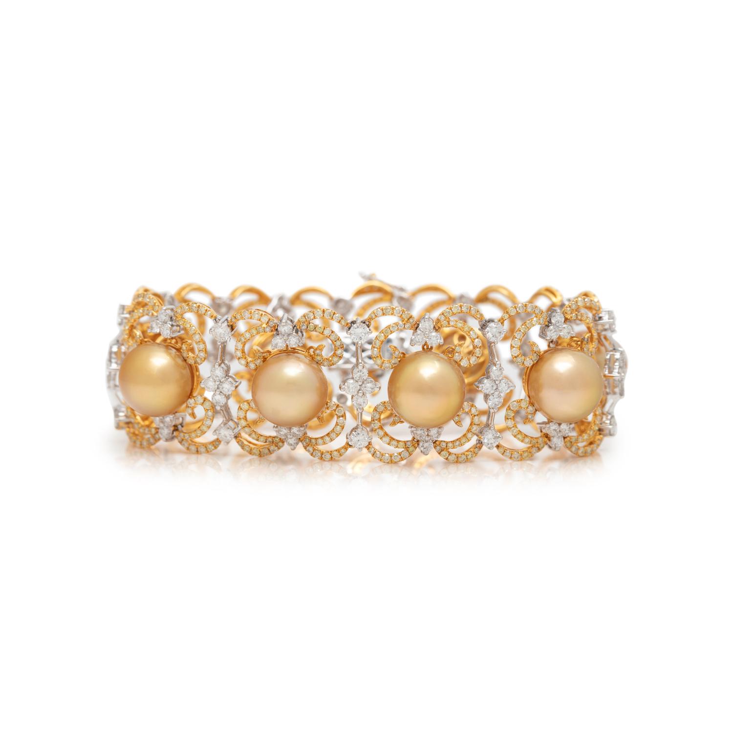 CULTURED GOLDEN SOUTH SEA PEARL, DIAMOND AND COLORED DIAMOND BRACELET