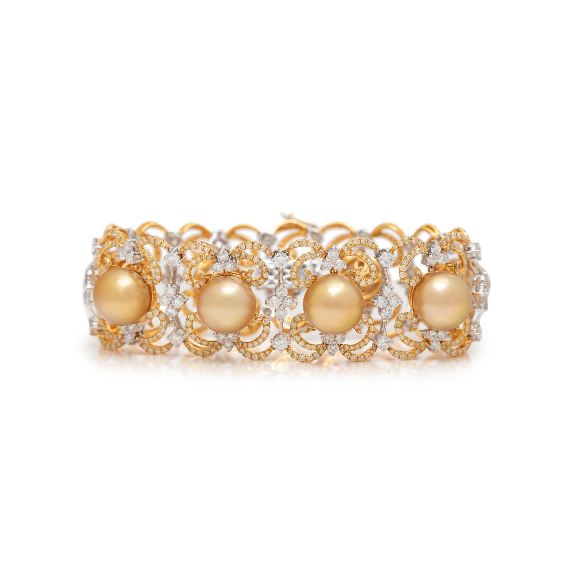 CULTURED GOLDEN SOUTH SEA PEARL, DIAMOND AND COLORED DIAMOND BRACELET