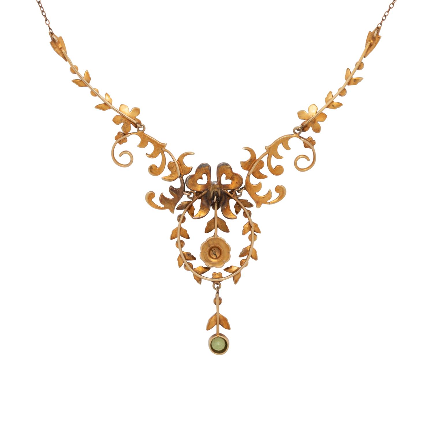 ANTIQUE, YELLOW GOLD, SEED PEARL AND PERIDOT NECKLACE