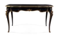 A Napoleon III Ebonized and Gilt Metal Mounted Bureau Plat, Height 29 x width 54 1/2 x depth 29 inches.