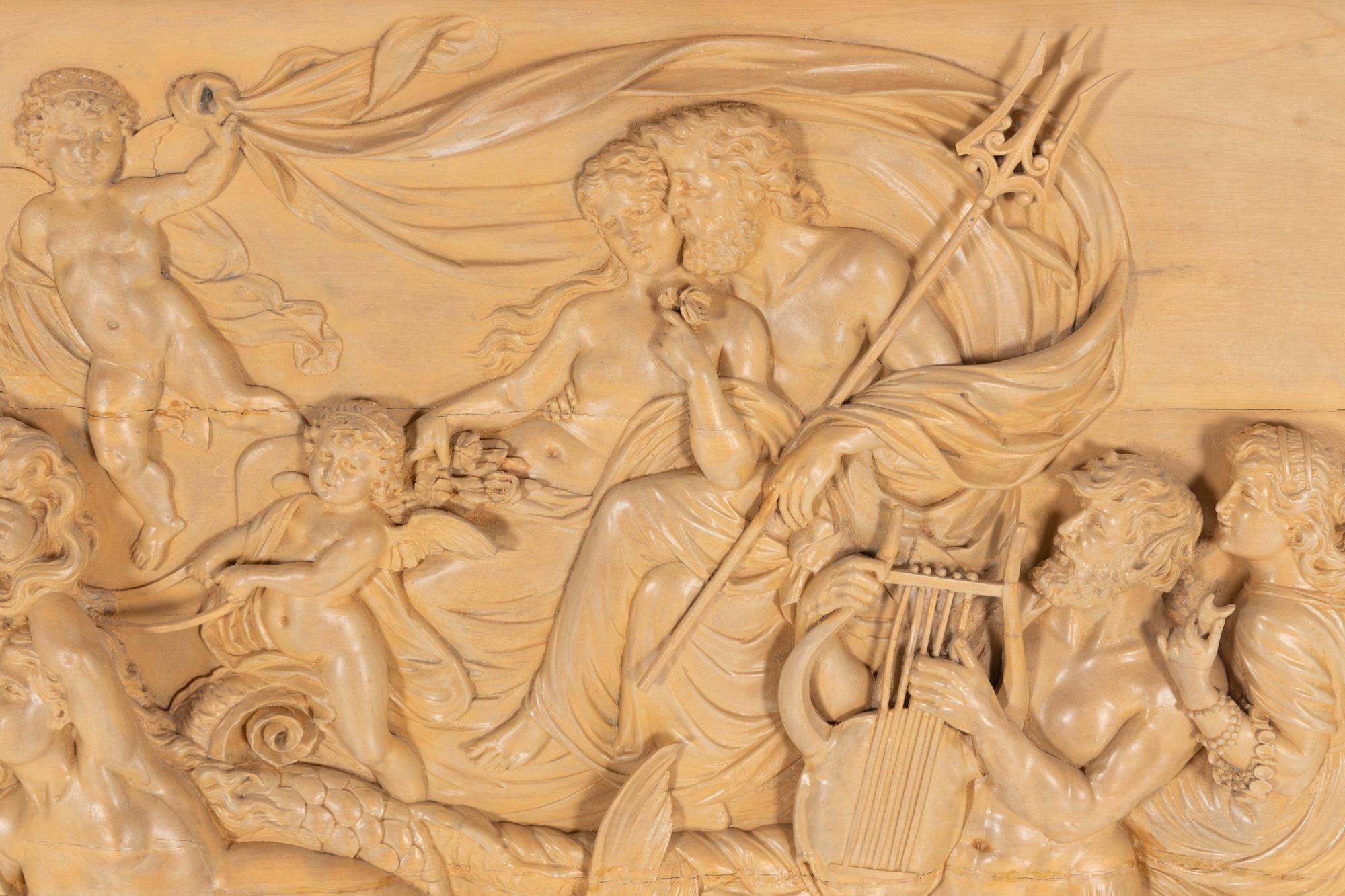 A Continental Carved Wood Bas Relief Panel with the Triumph of Neptune
