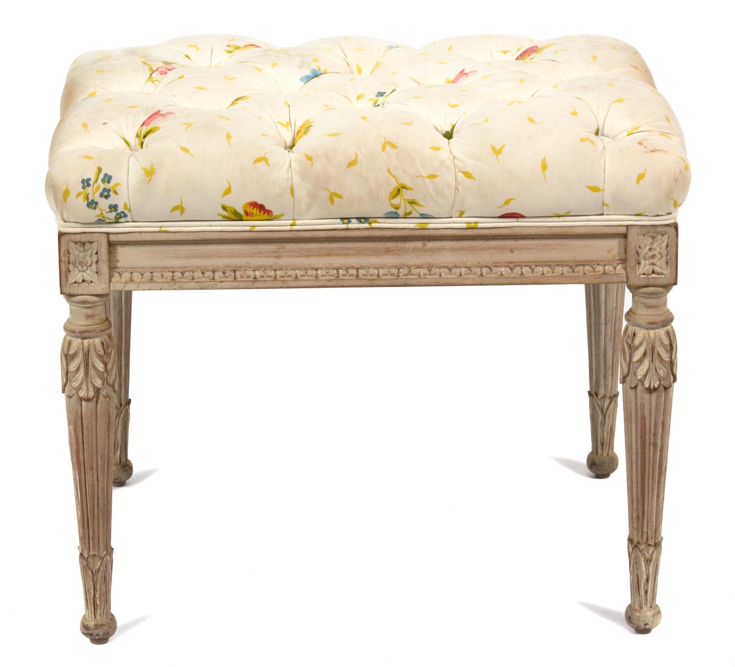 A Louis XVI Style Carved and Painted Wood Bench Height 16 x width 21 x depth 16 inches. — 20TH CENTURY