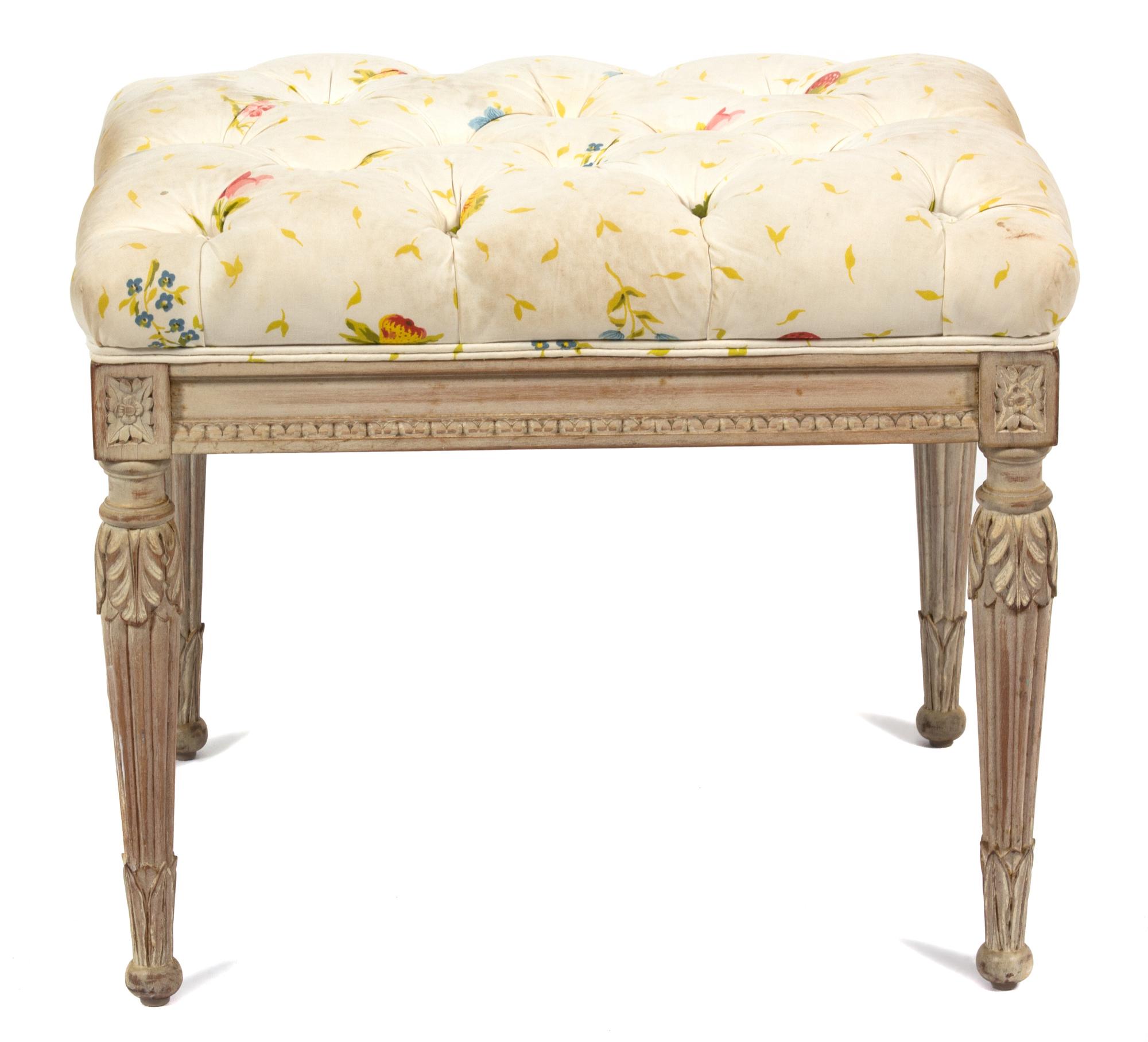 A Louis XVI Style Carved and Painted Wood Bench Height 16 x width 21 x depth 16 inches. — 20TH CENTURY