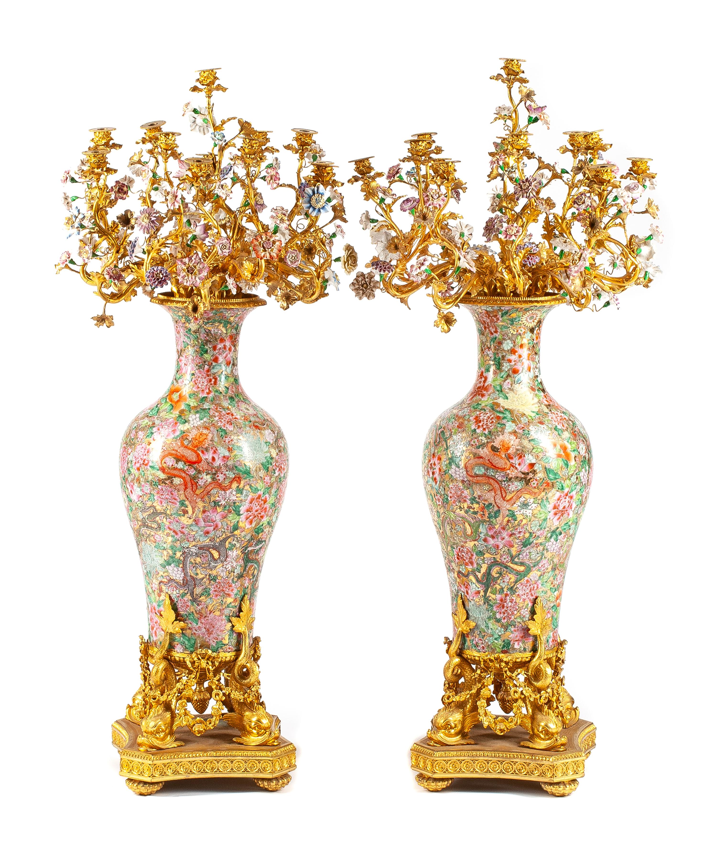A Pair of Monumental Gilt Bronze Mounted Chinese Mille-Fleur Porcelain Twelve-Light Candelabra