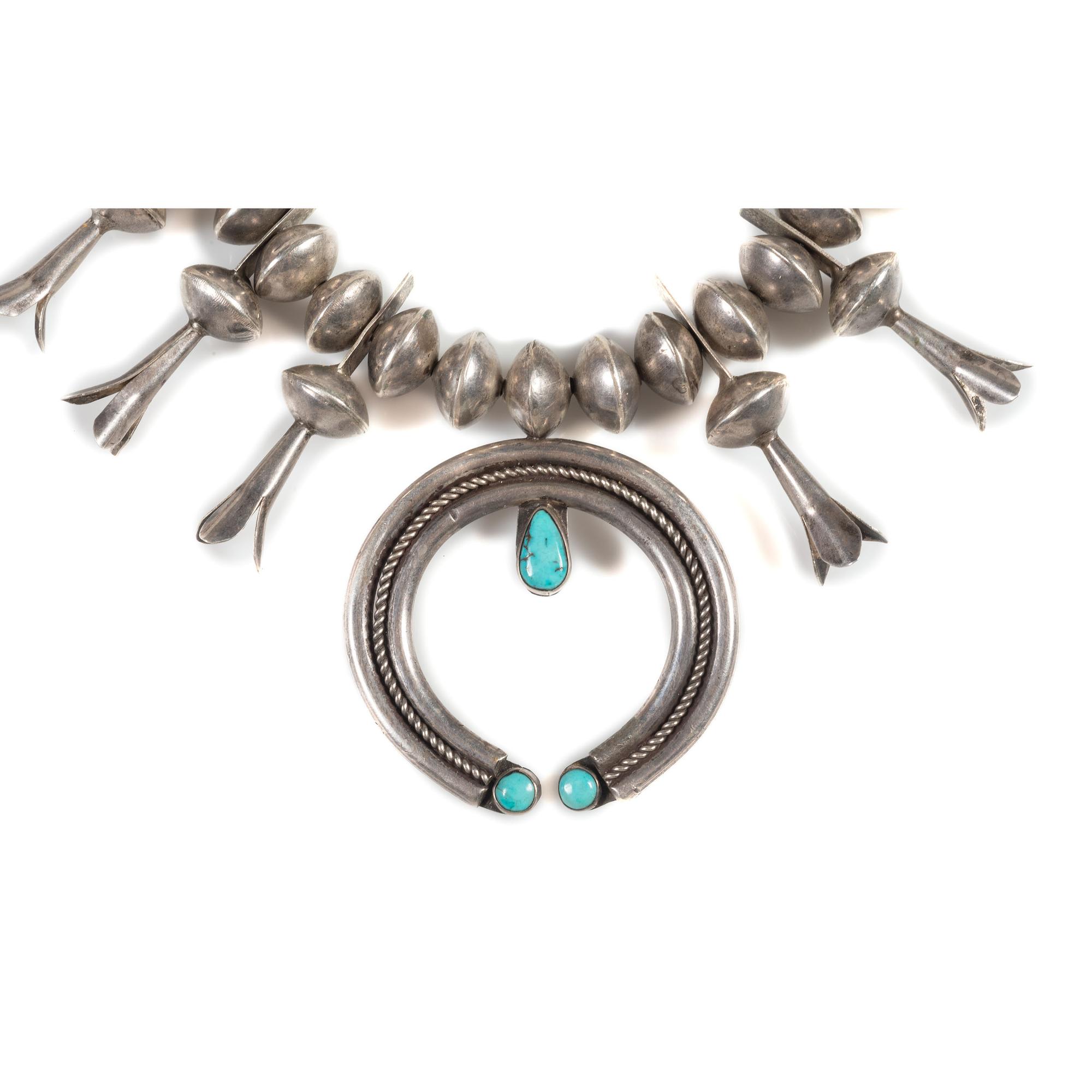 Navajo Silver and Turquoise Squash Blossom Necklace
