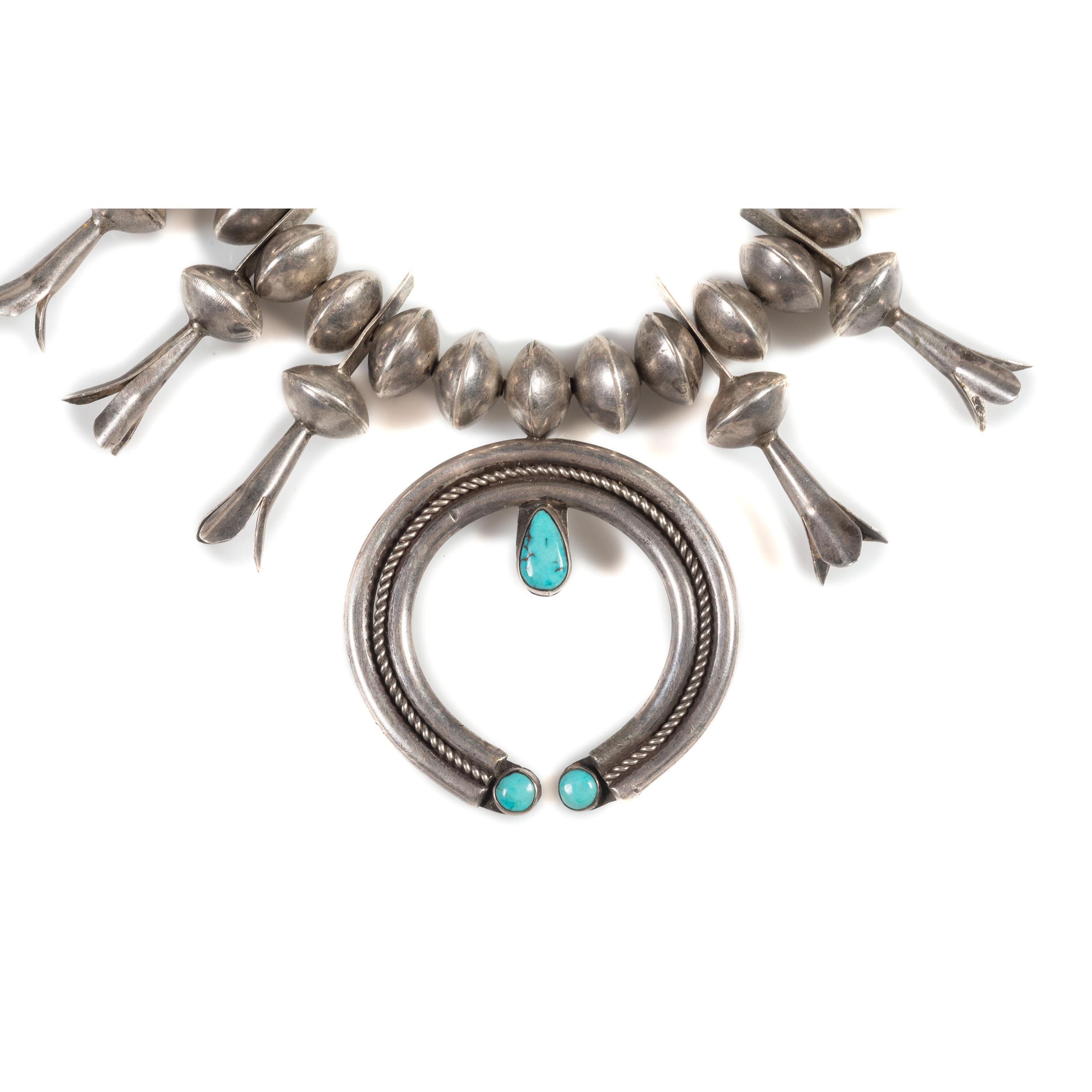 Navajo Silver and Turquoise Squash Blossom Necklace