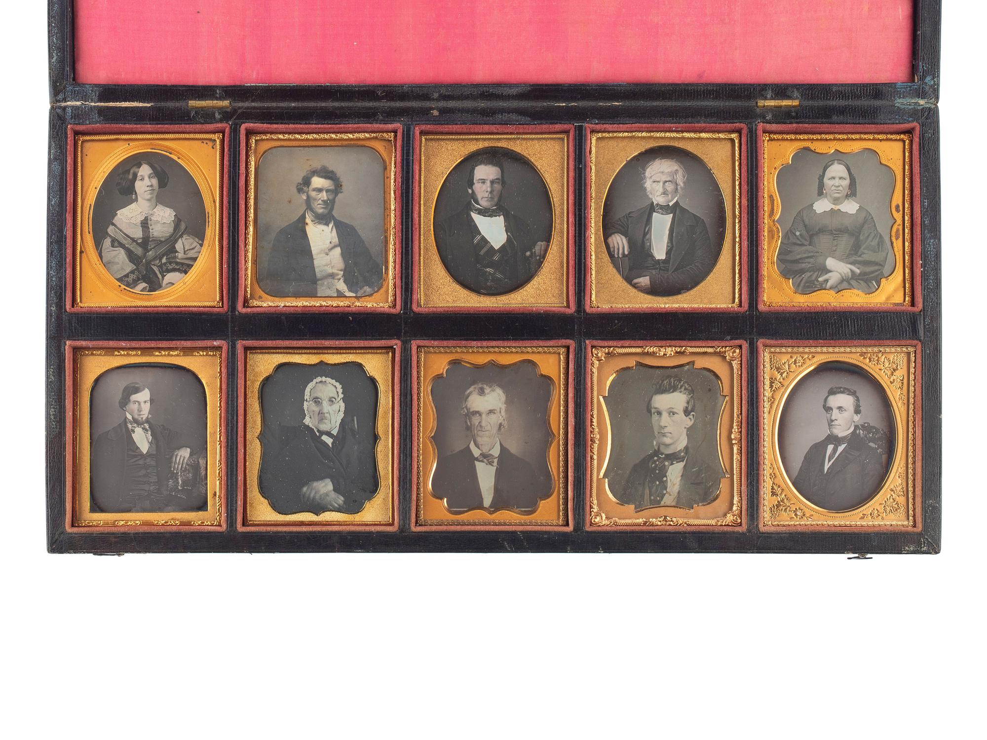 [EARLY PHOTOGRAPHY - PORTRAITURE]. A case containing 10 sixth plate daguerreotypes of men and women including examples by Germon and Dow, including