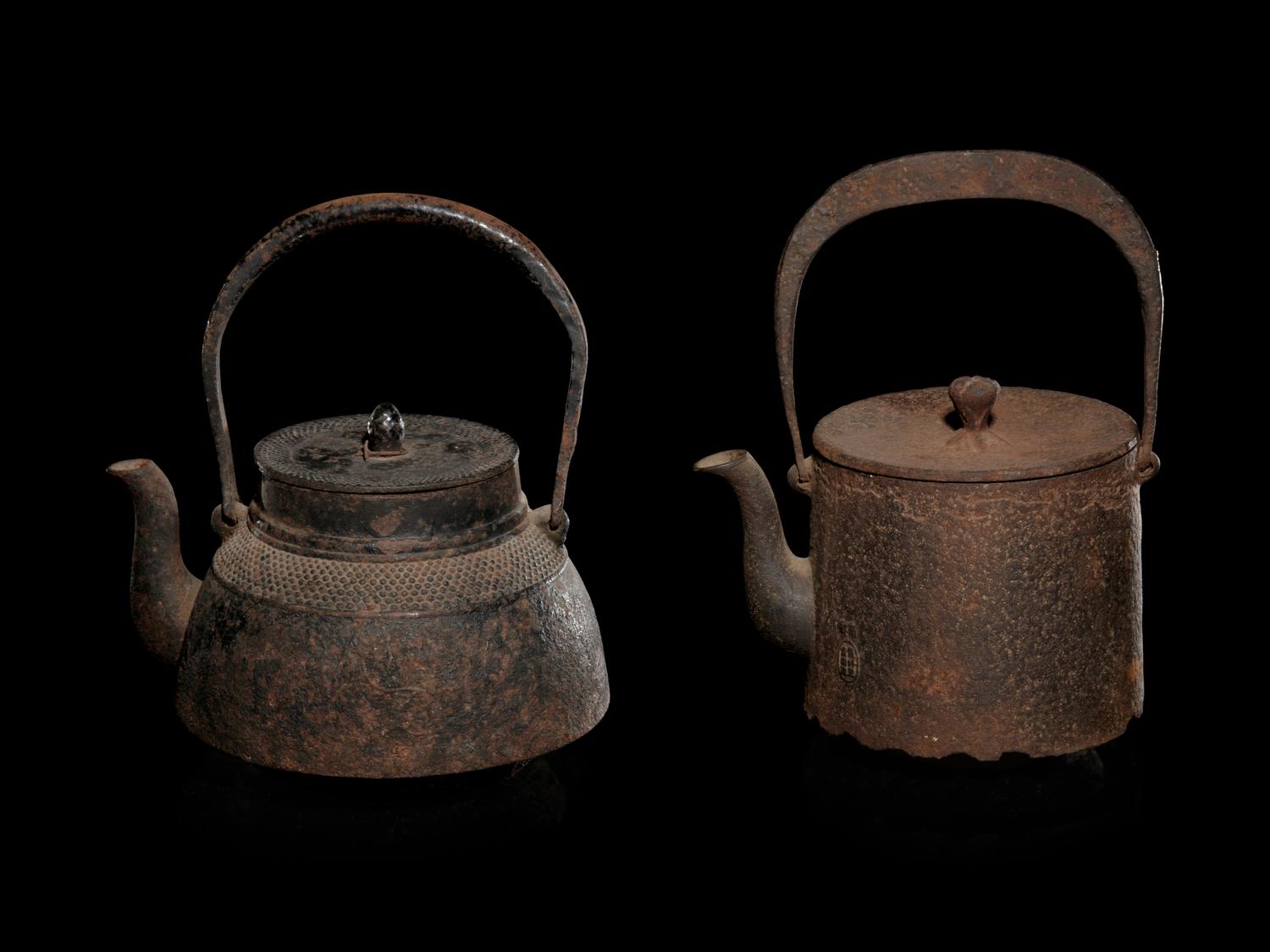 Five Japanese Cast Iron Teapots, Tetsubin , and Burner