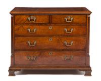 A George II Walnut Chest of Drawers Height 33 1/2 x width 41 3/4 x depth 21 1/2 inches. — CIRCA 1760
