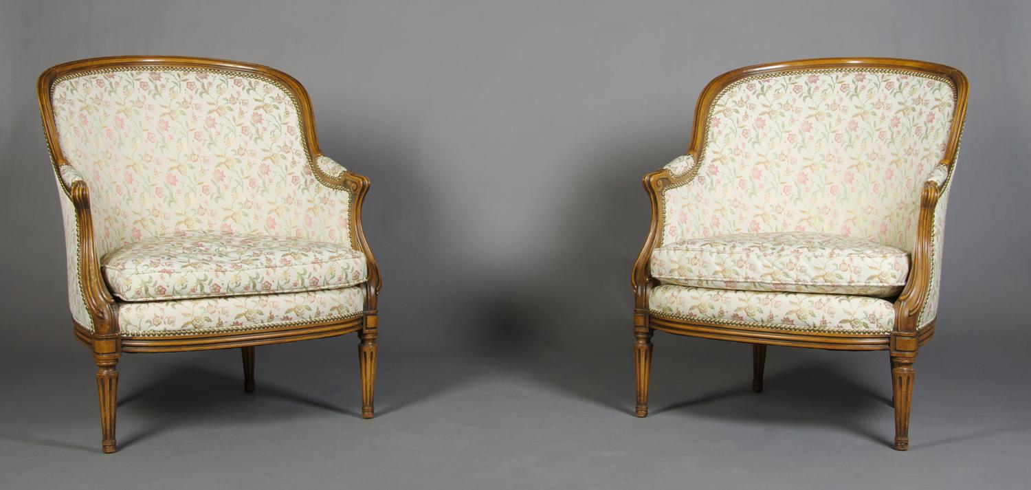 A Pair of Louis XVI Style Bergeres, Height 36 1/4 inches.