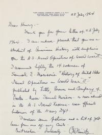 NIMITZ, Chester W. (1885-1966). Autograph letter signed ("C.W. Nimitz"), to Henry. Yerba Buena Island, San Francisco, 28 July 1964.