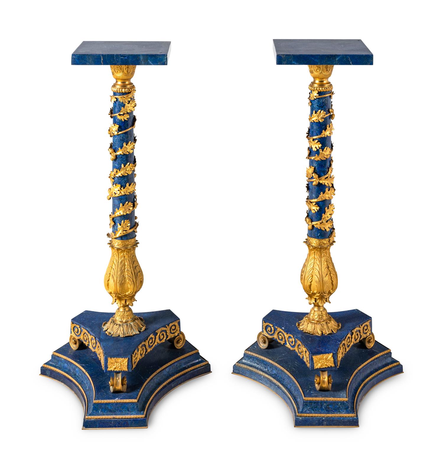 A Pair of Empire Style Gilt Bronze Mounted Lapis Lazuli Pedestals