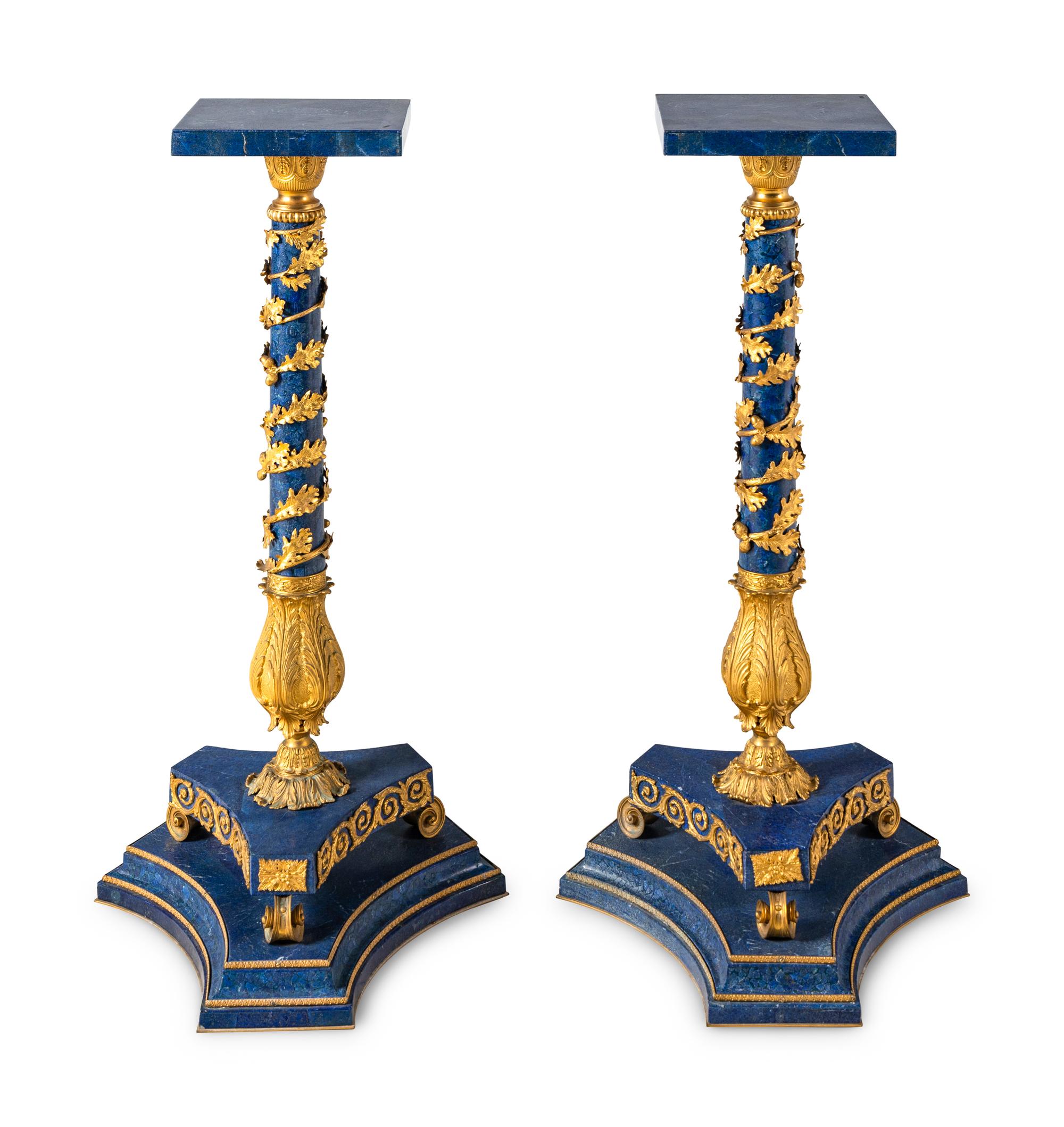 A Pair of Empire Style Gilt Bronze Mounted Lapis Lazuli Pedestals