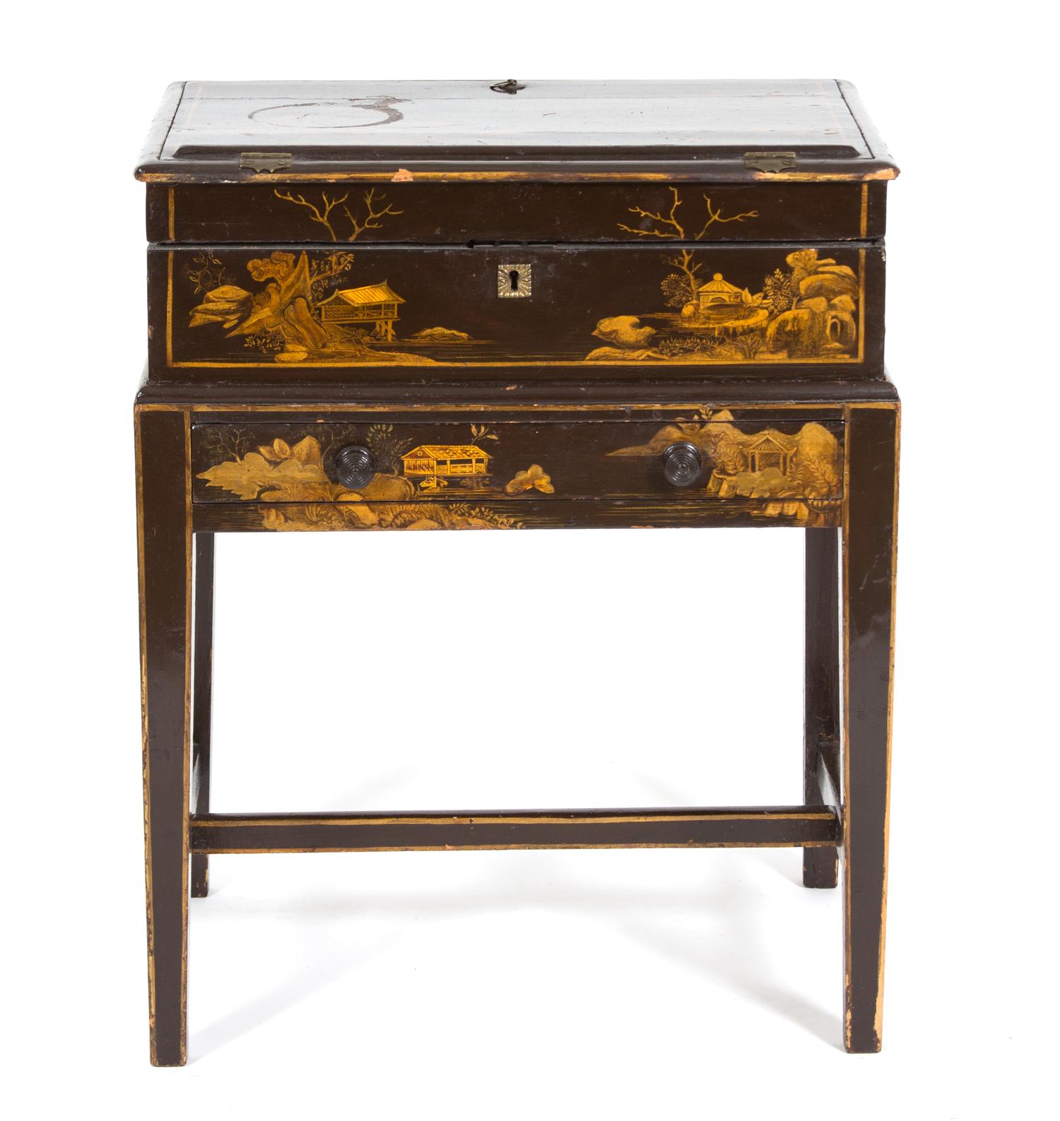 A Chinese Brown and Gilt Lacquer Writing Desk on Stand Height 28 1/4 x width 23 x depth 16 3/4 inches. — LATE 19TH CENTURY