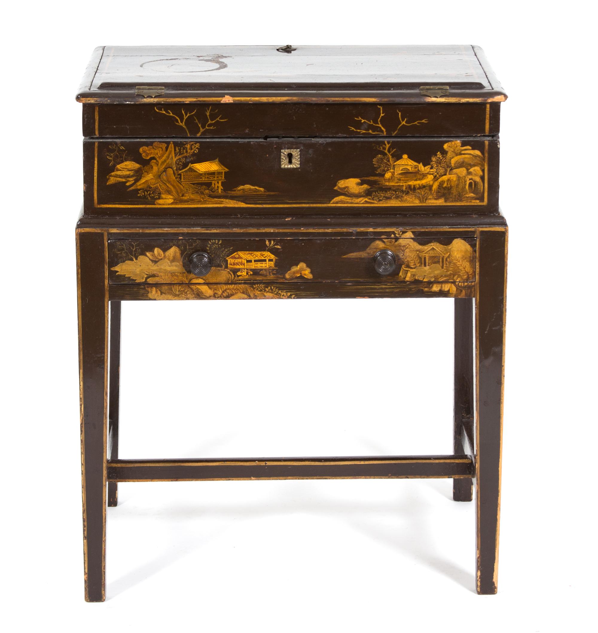 A Chinese Brown and Gilt Lacquer Writing Desk on Stand Height 28 1/4 x width 23 x depth 16 3/4 inches. — LATE 19TH CENTURY
