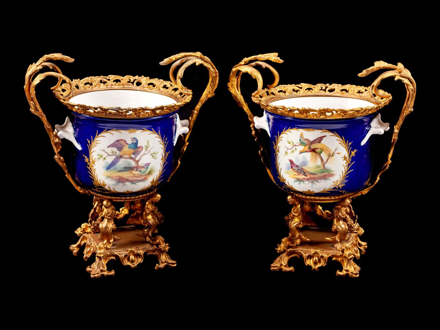 A Pair of Sevres Style Gilt-Bronze-Mounted Porcelain Cache Pots